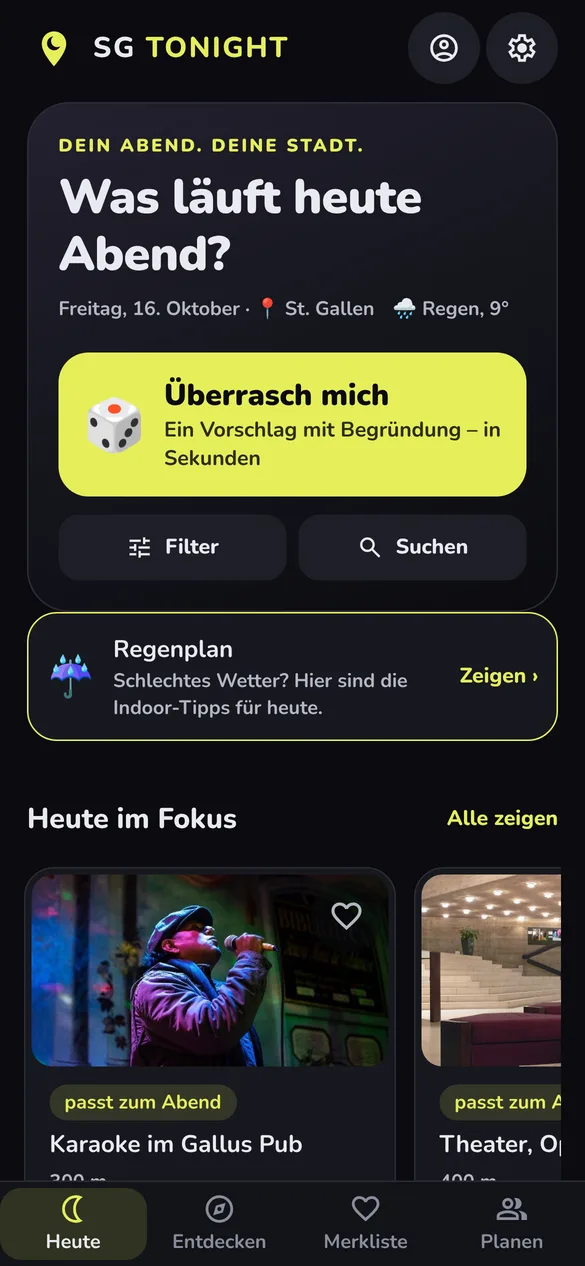 Heute-Ansicht mit Regenplan